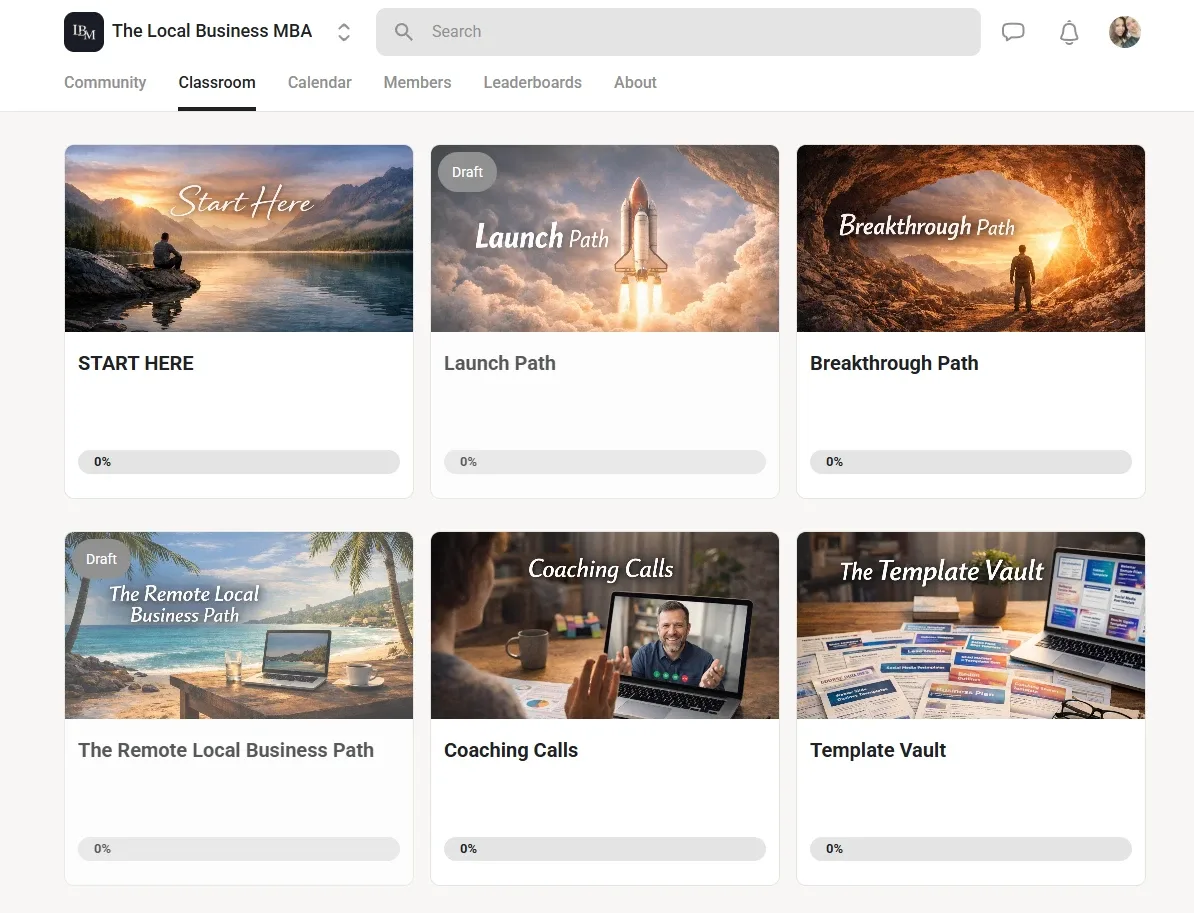 The Skool classroom of the Local Business MBA, showing the Start Here course, the Launch Path, the Breakthrough Path, the Remote Local Business Path, Coaching Calls, and the Template Vault