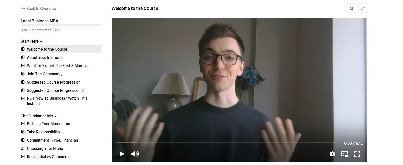 Inside the Local Business MBA course player: the welcome video beside the lesson list, 134 lessons in total