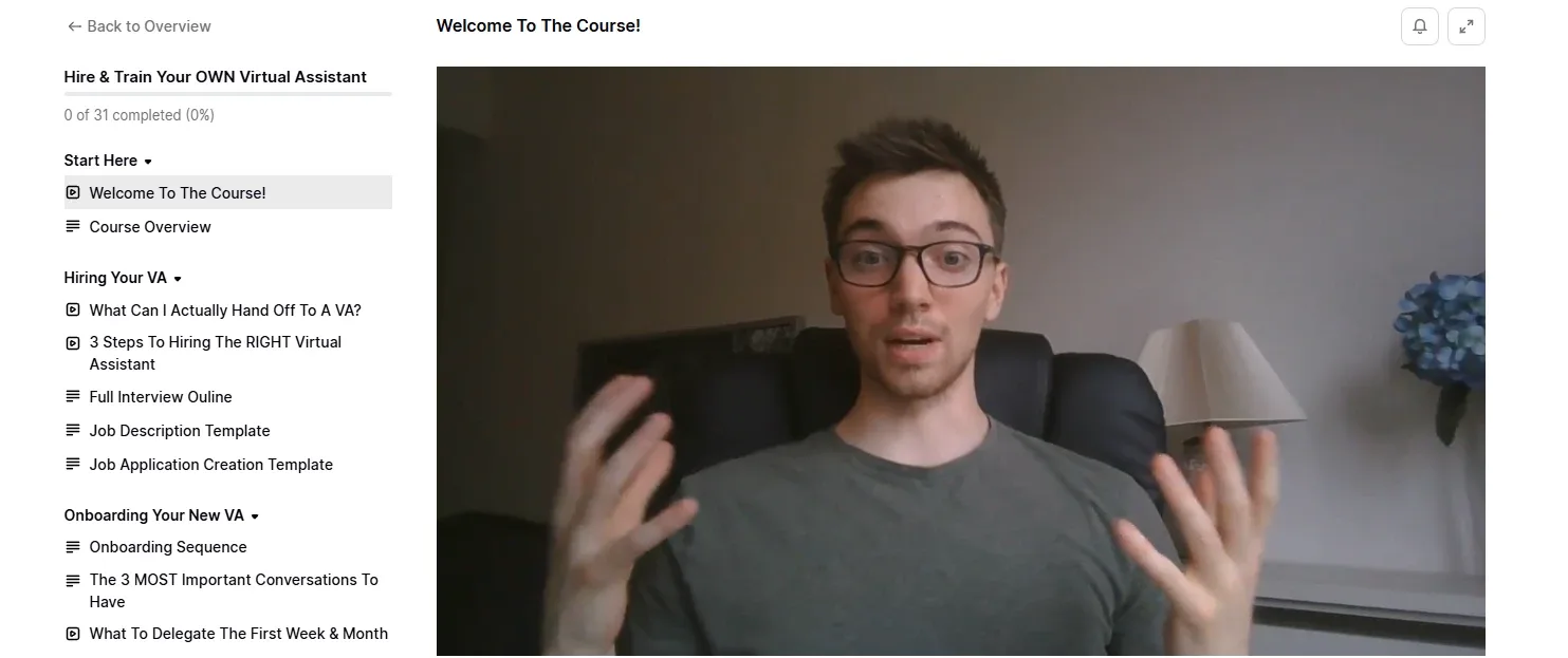 Inside the Hire and Train Your Own Virtual Assistant course player: the welcome video beside its 31 lessons